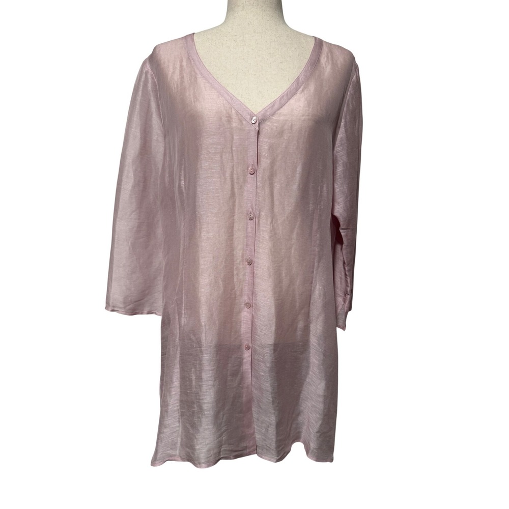 Eileen Fisher Linen Silk Blend Button Front Tunic Top Large Pale Pink Minimalist